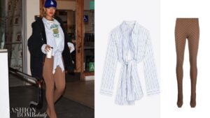 Rihanna Stepped Out to Dinner in a Black 650 R13 Hoodie a 575 Striped Dries Van Noten Shirt and Brown 4050 Balenciaga Fishnet Pantaleggings feat image