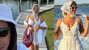 Beyonce Wore a 470 Retrofit Limmey Mini Dress with Miu Miu Shades and a New Bottega Bandana Print Bag While Vacationing in the Hamptons with Jay Z feat image