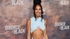 Meagan Good Wore a 2600 Laquan Smith Gown with Alexis Bitter Jewels to the Divorce in The Black New York Premiere feat image