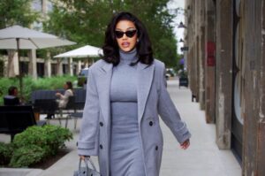 Cardi B Takes Meetings in a Helsa Studio Gray Wool Coat and Knit Turtleneck Dress copy