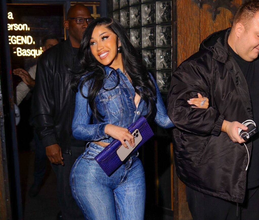 Cardi B Stops by Sei Less in a Denim Balenciaga Look Christian Louboutin Platforms and an Hermes Kelly Cut in Bleu Electrique final 16 copy